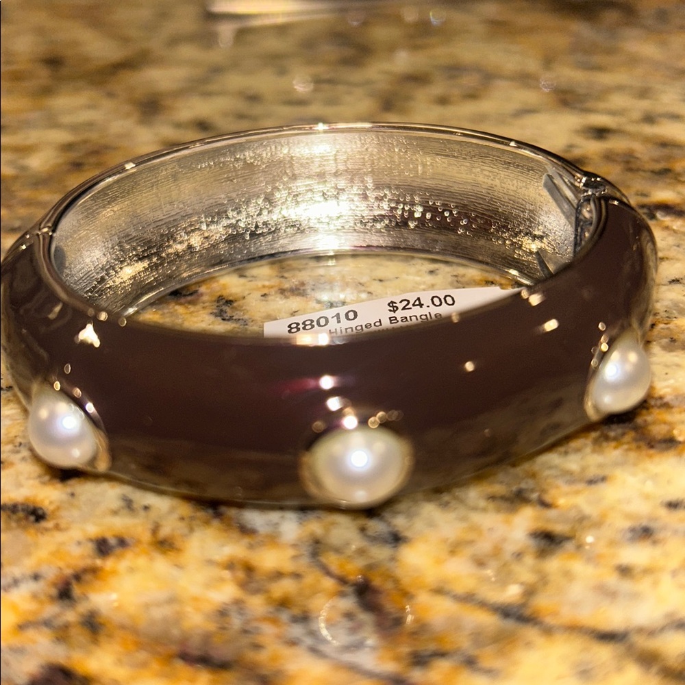 Brown and Silver Bangled Bracelet with Pearl